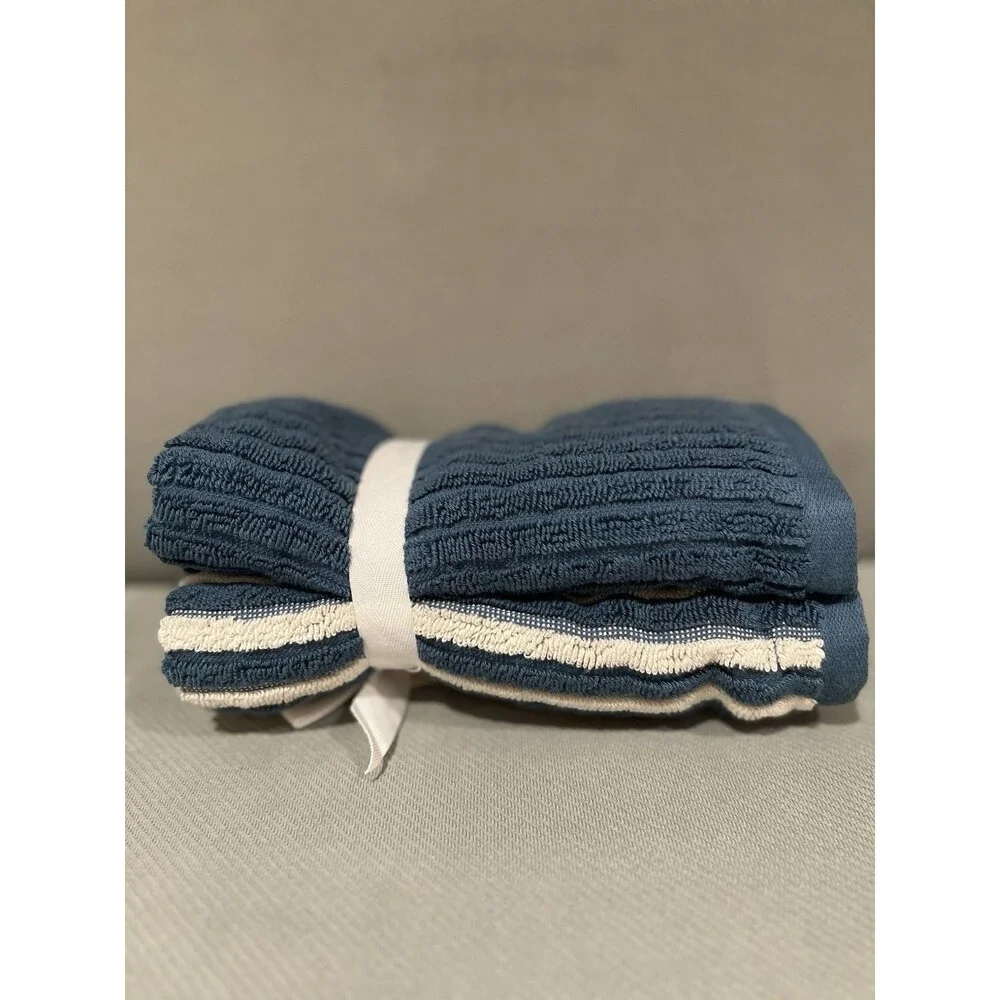 Rachel Zoe Hand Towels 2 Piece Midnight Blue Stripe & Solid Blue Cotton New